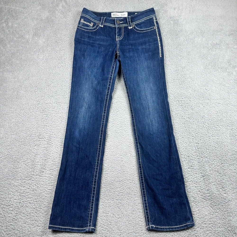 BKE Harper Straight Leg Jeans Womens 27x33.5 (Fits 30x32) Blue Dark Wash Stretch